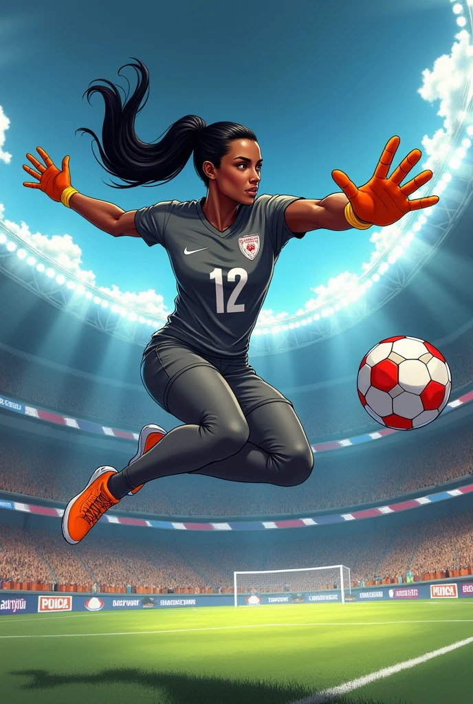 Illustration of a goalkeeper named SAMILLY, a brown-skinned woman, slickedback hair, long and black with gray shirt number 12 and pants and black glove jumping to catch a ball