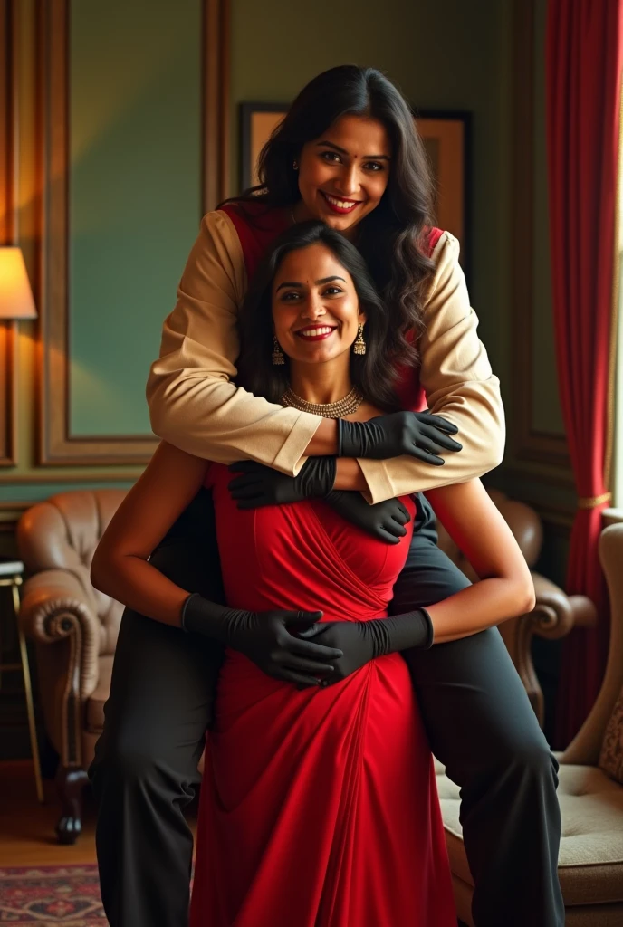 Create a realistic photograph of a smiling and beautiful indian actress in maroon satin carrying a large stout man on her shoulders in a room, man is sitting on top of her shoulders , man on top, woman at bottom , woman is wearing black gloves