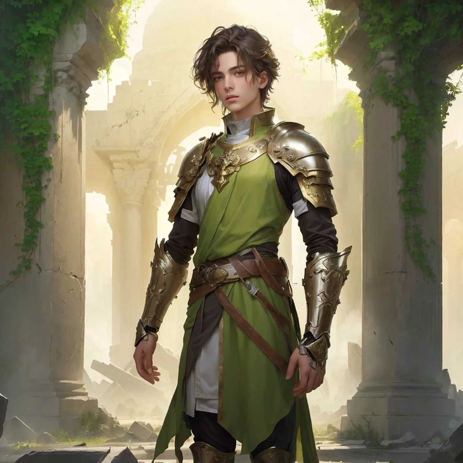 concept realistic art style. Setting: Temple in ruins: A stunningly ethereal and delicate [androgynous] 20 year old male is depicted in a full body shot. His short wavy brown hair cascades around him, framing his exquisite features. he's using in left arm a magnificent shield with a magical aura, that is the source of his power. Striking yellow/green heterochromia eyes. A simple and elegant clerical tunic goes up to his knees, a half armor is superimposed only with the workers, breastplates, armbands, grevas, adorned with silver and brass. This mesmerizing image, possibly a painting, is rich in detail and radiates a sense of dystopian beauty. Every element, from the man's delicate and soft features to the elaborate design of his tunic, is rendered with impeccable artistry, drawing viewers into a realm of loss and wonder.