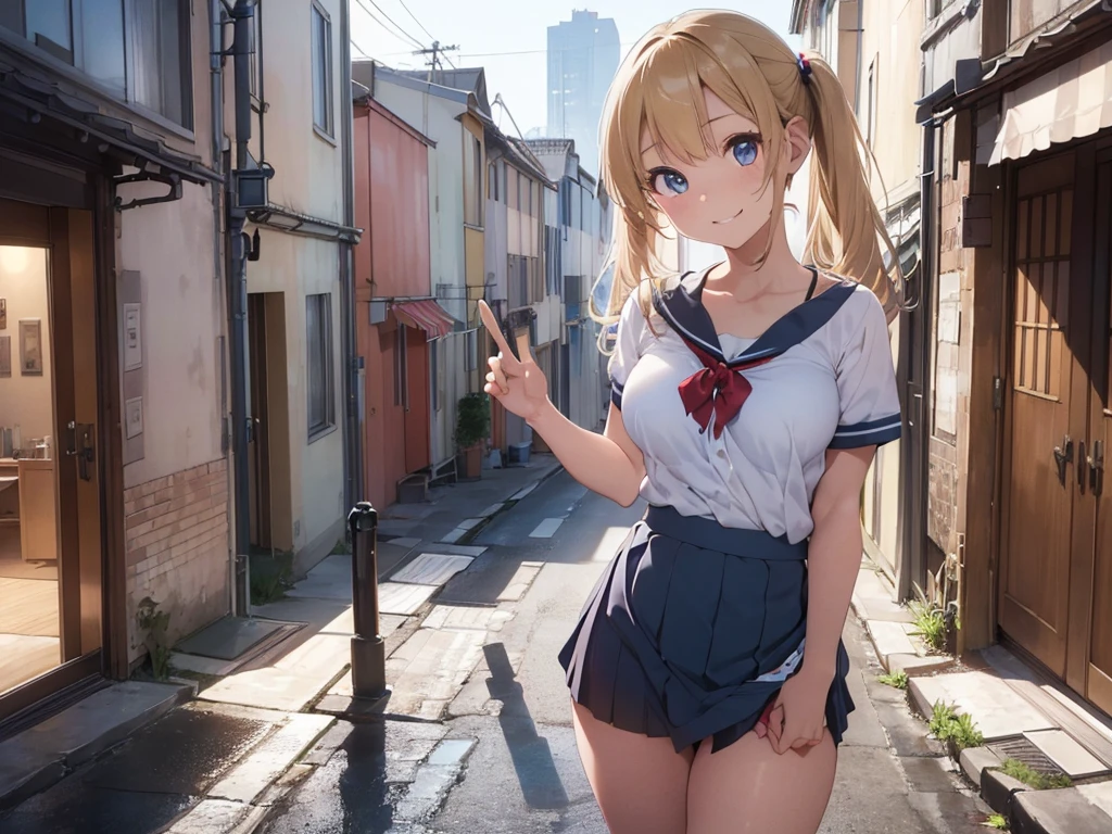 (masterpiece:1.3, Highest quality, Ultra-high resolution, Very detailed), (Realistic:1.1, photoRealistic:1.4), Beautiful illustrations, Perfect lighting, colorful, Written boundary depth, Beautiful detailsまでこだわった髪, Beautifully detailed face, Beautiful details, Beautiful clavicle, Beautiful body, Beautiful breasts, Beautiful thighs, Beautiful legs, Beautiful fingers, View your audience, Japanese, Perfect Face, (Perfect Anatomy, Anatomically correct), Cute and symmetrical face, Baby Face, Sunburn, Glowing Skin, (Mid-length hair:1.5, Twin tails:1.2, blonde), Asymmetrical bangs, blue eyes, Long eyelashes, (Mid-chest), thin, Completely naked , (Beautiful views), evening, (Outdoor, distant cityscape), Are standing, (peace sign), (Cute Smile, Upward glance, Open your mouth),(Roll up your skirt to show your panties:1.5),Group of nurses,