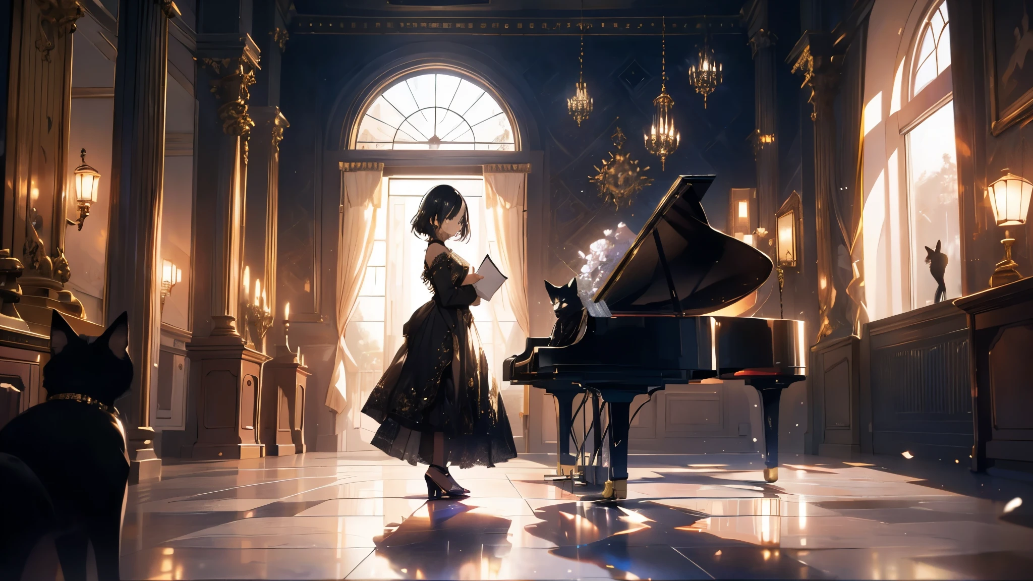 A woman is playing the piano.．The woman has short black hair and is wearing a gold dress.．The girl is playing in the hall．A black cat is watching the girl play at her feet．
