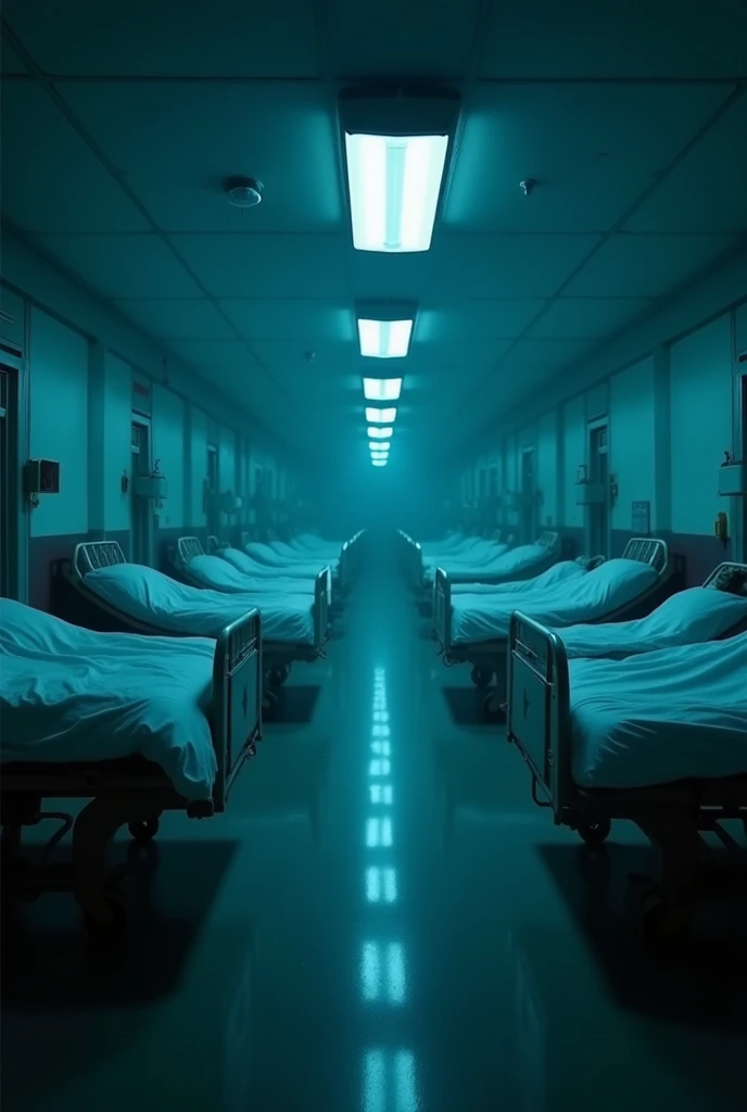Create a cinematic image of a dimly lit hospital hallway viewed from a straight-on, centered camera angle. The hallway is lined with hospital beds, each occupied by patients sitting up on the beds, covered in white sheets. The scene should evoke a somber and tense atmosphere. The ceiling lights cast a cold, bluish light, emphasizing the starkness of the setting. The perspective should draw the viewer's eye towards the far end of the hallway, creating a sense of depth and an unsettling mood.