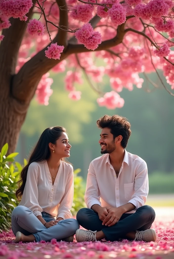 A real indian 18 Year old cute boy shiting under a blooming tree with a 18 years old girl , wearing a white hoodie with name “YUVRAJ” as girl name “SONIYA" wearing white top