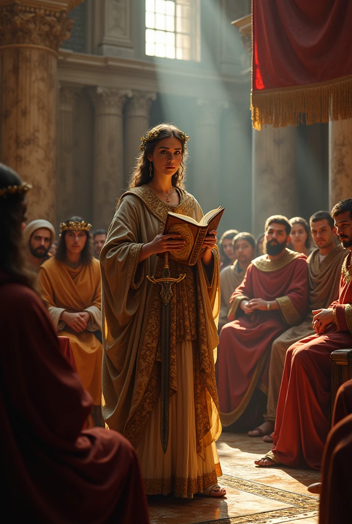 Saint Catherine of Alexandria being judged in the Roman court, while holding a book and a sword