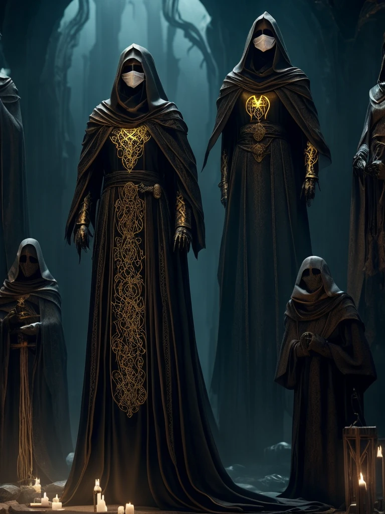 As Moiras, the Weavers of Destiny, She appears as an elderly woman., She wears a white mask. Her skin is wrinkled and pale, marked by dark veins that speak of an ancient power. She is enveloped in long black robes, undulating like living shadows, adorned with arcane sigils that glow with a faint silvery light.
In your skeletal hands, hold black and gold threads, thin as silk, each representing the life of a living being. Their eyes, a penetrating yellow, see through the veil of time and fate, loaded with ancient and disturbing wisdom.
The Fates reside in a timeless space, maybe a cave or a stone room, illuminated only by the sigils on their cloaks and the ethereal glow of the threads they weave. The surrounding atmosphere is thick and palpable, impregnated by the constant presence of inevitable fate.