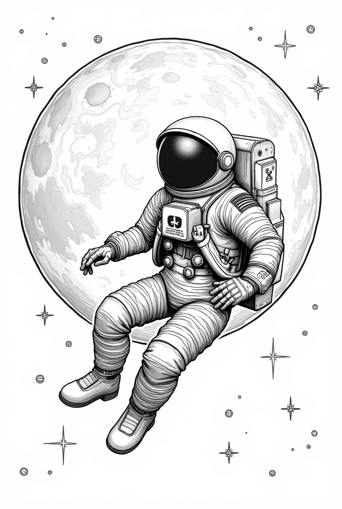 Astronaut and full moon coloring page in black and white
