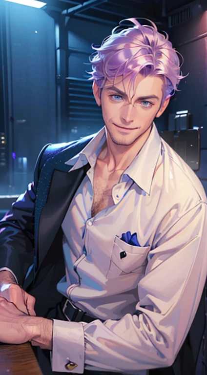 (best quality, masterpiece, 8K, photorealistic, cinematic lighting, 1:4 hdr image, ultra detailed, beautiful image), a mature man, 35 years very handsome, ((cold expression smile in love)), short purple hair, blue eyes, face perfect without mistakes, ((buttoning his jacket, CEO)), smile.
