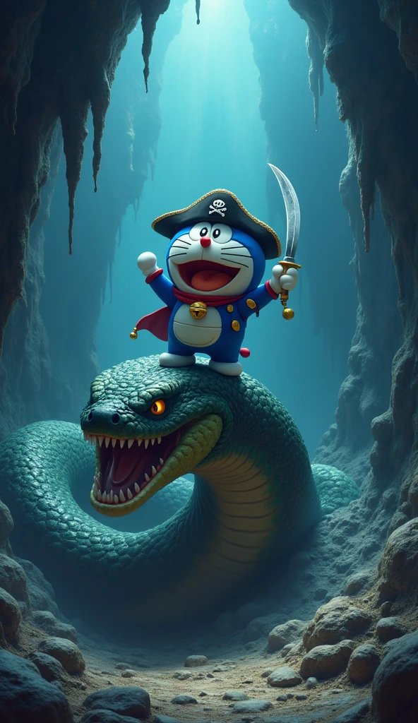 An image of Captain Doraemon wearing a pirate costume . Doraemon defeats the giant snake in the cave, standing on the giant snake..sharp 4k 3d images 