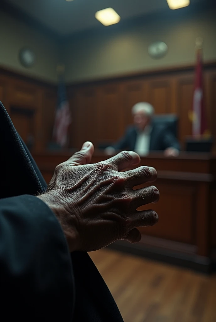 The hands of a homeless man in front of the judge