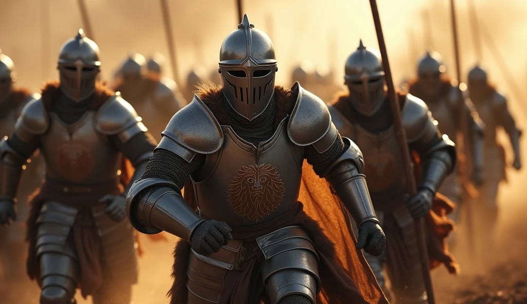 A highly realistic, high-contrast, 8K HD, detailed, hyper-detailed image of medieval knights charging into battle on the battlefield. The knights, clad in steel armor with lion emblems on their tunics and helmets fully covering their faces, are in full motion as they rush forward with determination and strength. Their armor glints in the light as they lead the charge, their focus entirely on the battle ahead. The atmosphere is intense and dynamic, capturing the raw energy and courage of the knights as they surge towards the enemy. The image is of the highest quality, with ultra-high resolution, RAW photo quality, and Unreal Engine rendering, showcasing the knights' relentless drive as they charge into the fray, with the lion emblem prominently displayed on their armor.