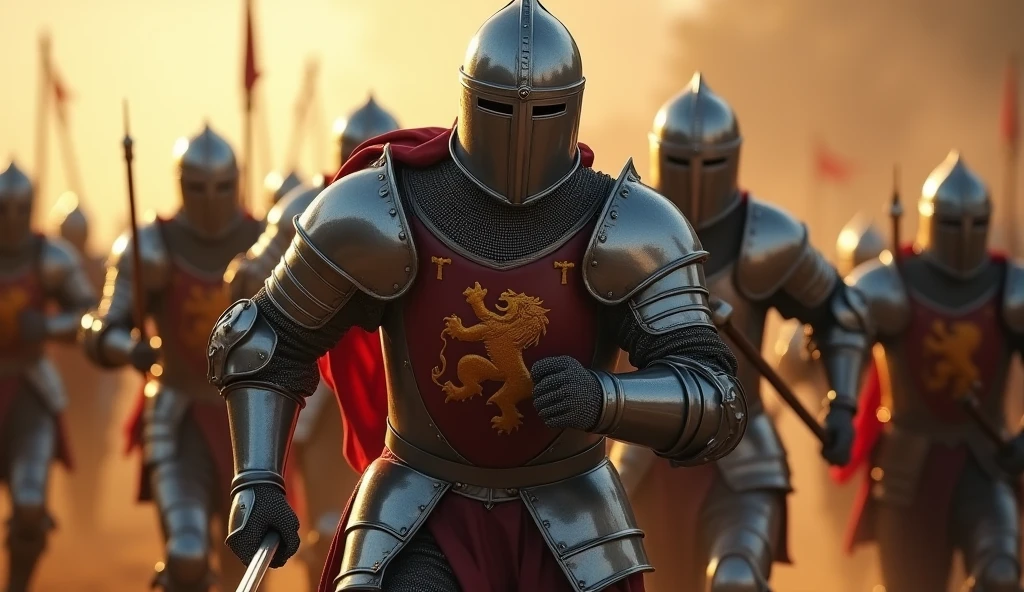 A highly realistic, high-contrast, 8K HD, detailed, hyper-detailed image of medieval knights charging into battle on the battlefield. The knights, clad in steel armor with lion emblems on their tunics and helmets fully covering their faces, are in full motion as they rush forward with determination and strength. Their armor glints in the light as they lead the charge, their focus entirely on the battle ahead. The atmosphere is intense and dynamic, capturing the raw energy and courage of the knights as they surge towards the enemy. The image is of the highest quality, with ultra-high resolution, RAW photo quality, and Unreal Engine rendering, showcasing the knights' relentless drive as they charge into the fray, with the lion emblem prominently displayed on their armor.
