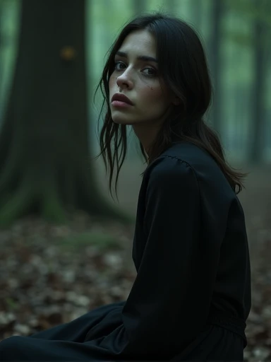 A sorrowful ultra hot gorgeous European woman. Age 23. sitting alone in a dark and gloomy forest, 1girl, beautiful detailed eyes, beautiful detailed lips, extremely detailed face and features, long eyelashes, sad expression, black dress, tears in her eyes, dramatic lighting, moody atmospheric, dark tones, muted colors, chiaroscuro style, oil painting, cinematic, dramatic, photorealistic, 8k, hyper-detailed