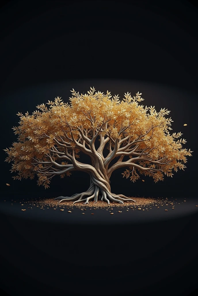 a loose tree with a black background and a sturdy tree, 3D golden and metallic leaves, autumn season, leaves falling, golden sacred tree, the tree of life, cosmic tree of life, ancient tree, Fantasy Tree, rich tree, highly detailed fine art, complex organic painting, highly detailed painting, the world tree, tree of life seed of doubt, cosmic tree, magic tree