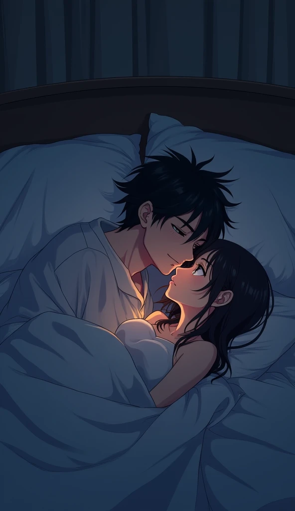 "Create a romantic image of a 21 year old anime boy and a girl lying under a blanket on a bed. The boy holds the girl closely, with a seductive smile, while the girl gazes at him with a shyfull expression, alluring expression. The background should be saoftly lit with a sultry, night-time ambiance. Capture the intimacy and passion of the moment, reflecting the line 'You must be tired, because you've been running through my dirty thoughts all night.'"