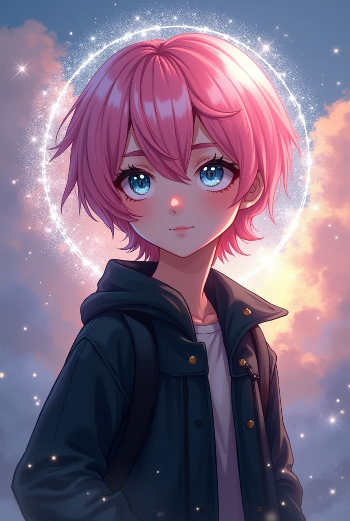 A cover for a book about a boy with pink hair, with white eyes, wearing black and comfortable clothes, very detailed and beautiful face