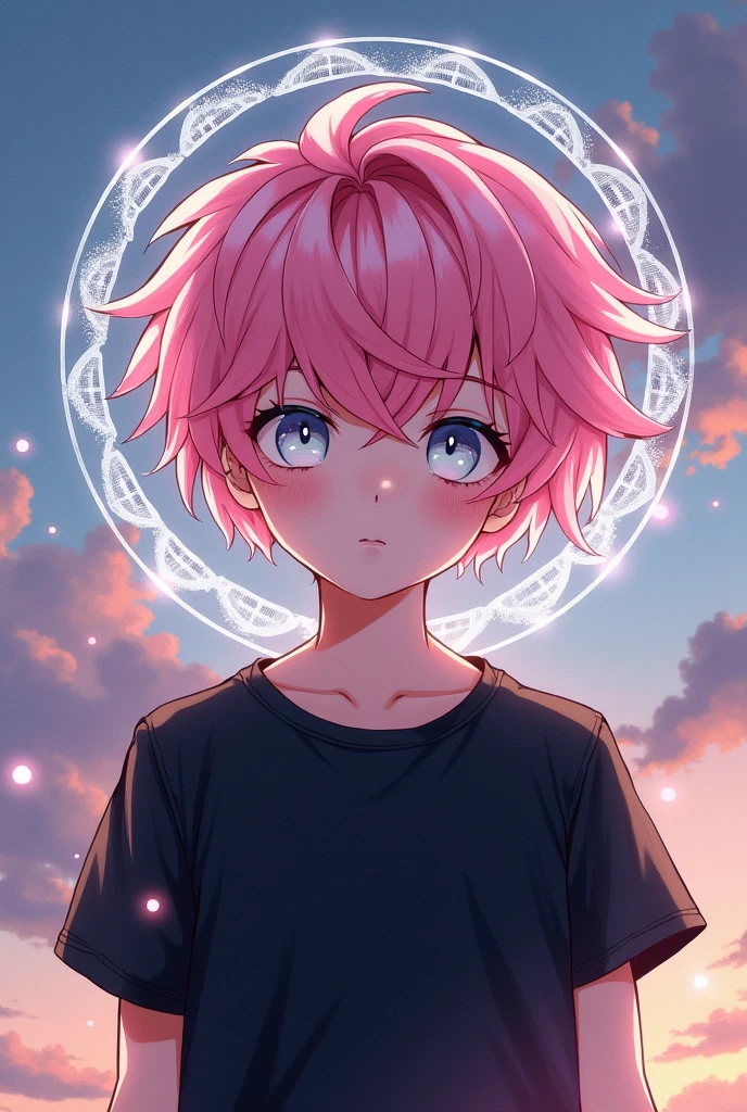 A cover for a book about a boy with pink hair, with white eyes, wearing black and comfortable clothes, very detailed and beautiful face