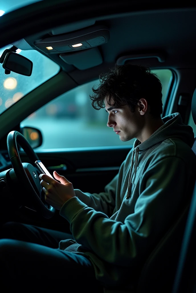 rompts Copy prompts best quality:1.4), (ultra-high resolution:1.2), (photoshotrrealista:1.4), (8k, photoshot:1.2), A young teenager of 20 years old. phim negra. him&#39;He is wearing a black hooded sweatshirt. him&#39;He&#39;s got the hood on. him&#39;He's wearing blue jeans. him is sitting in the back seat of the car. him has his head down and is using his cell phone.. Short hair shaved on the sides and the top is low. The car windows have raindrops. A photoshot não está embaçada ao fundo.