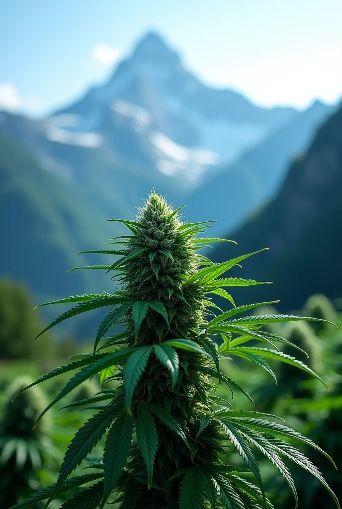 Cannabis view slightly from above, inclined angle. Background with Swiss Alps mountains with a blue filter.
