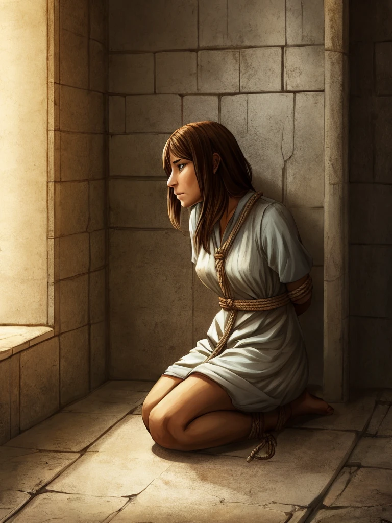 Woman imprisoned in a cell, On her knees, head resting on the ground. Her hands tied behind her back with a rope