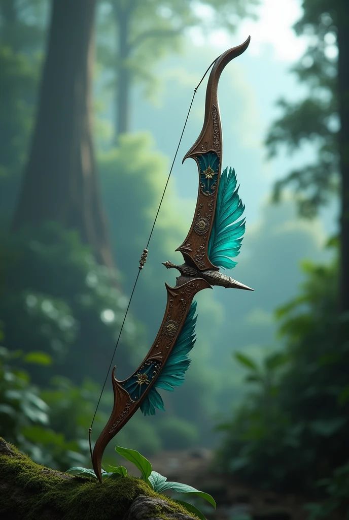 Draw a longbow, known as the Hunter's Bow, magical, primitive, exotic feather details, in the background a blurred jungle. 8k, epic