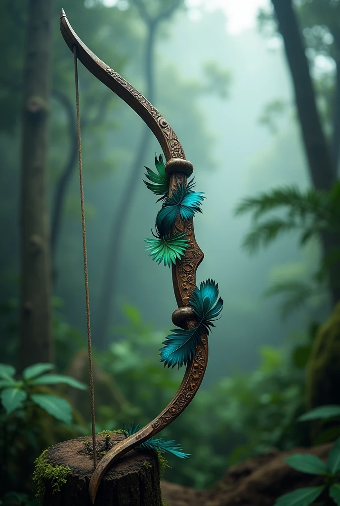 Draw a longbow, known as the Hunter&#39;s Bow, magical, primitive, exotic feather details, in the background a blurred jungle. 8k, epic