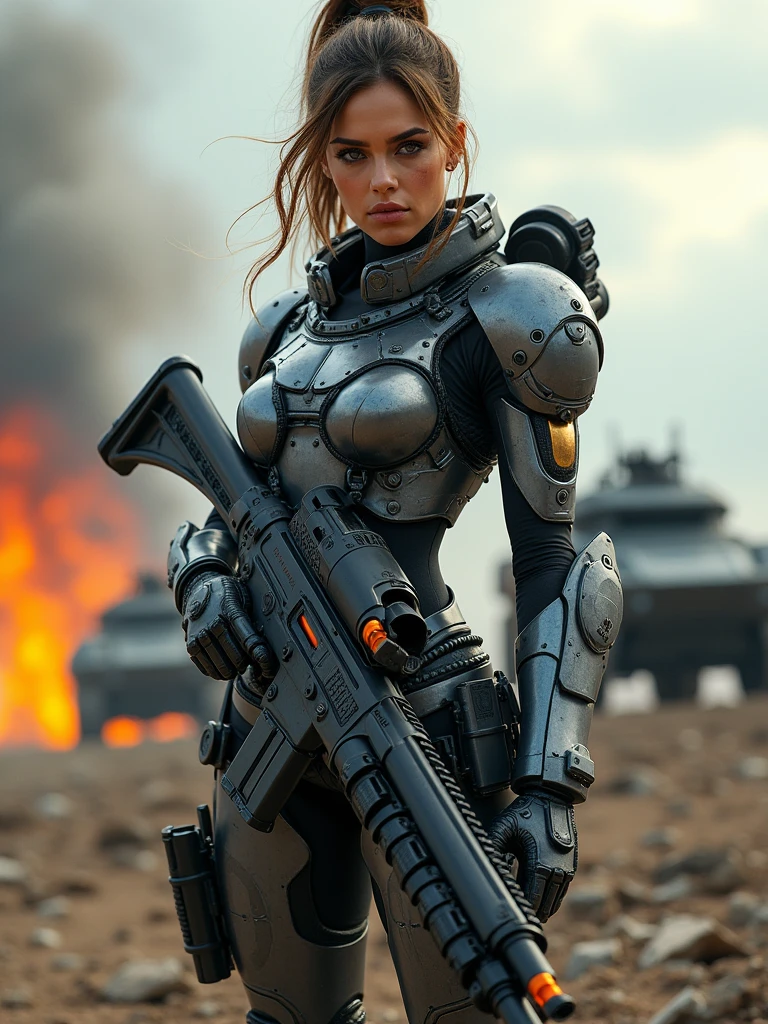 Beautiful and gorgeous military woman in war machine style uniform with a big gun, super detailed image