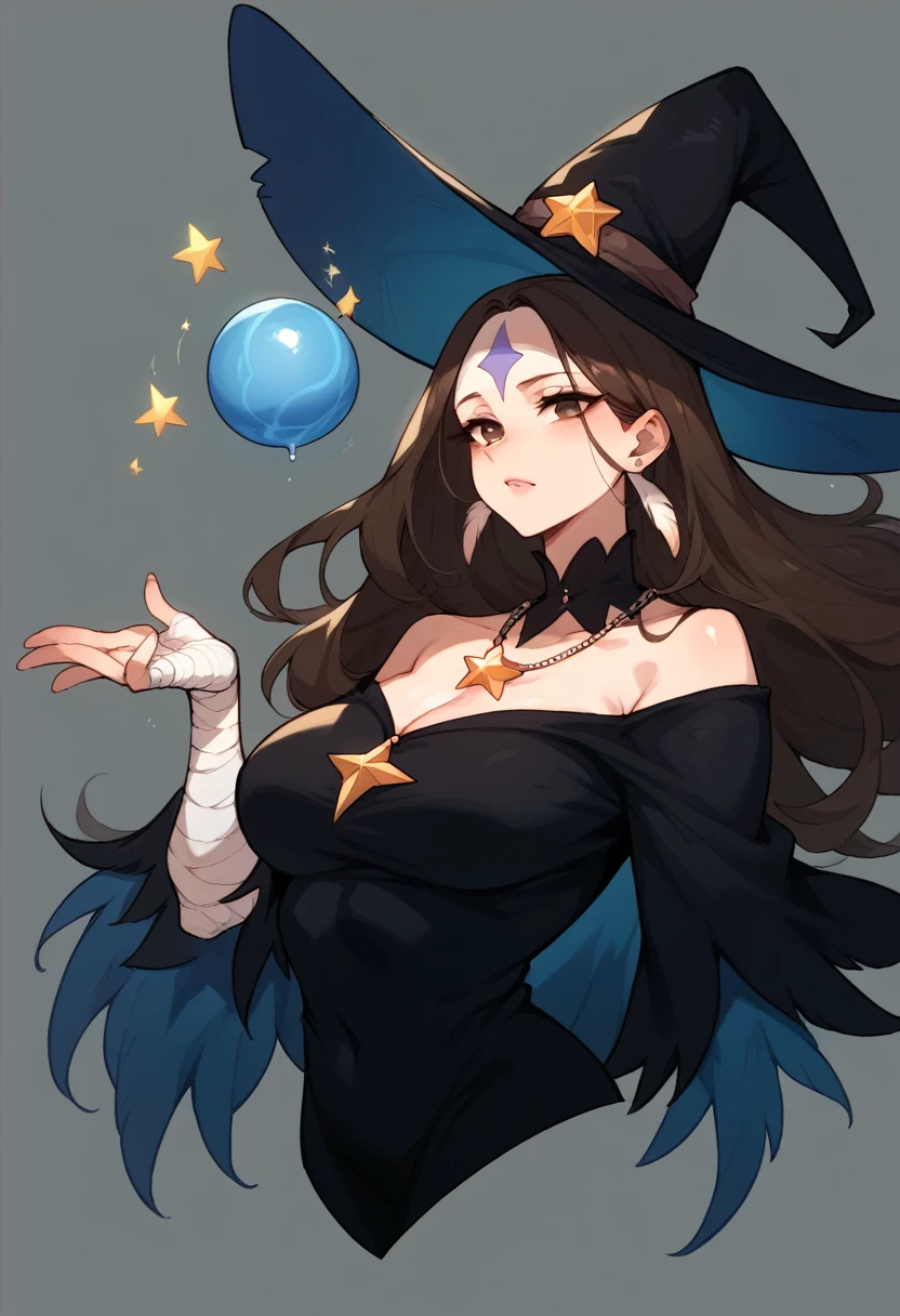 mature woman, brown hair(falling on the face), long witch hat with feathers ,brown eyes, long black dress with blue stripes ,blue star necklace, white stripe on the forehead  ,bandages on the forehead  blue ball earrig,black stripe ,rpg style