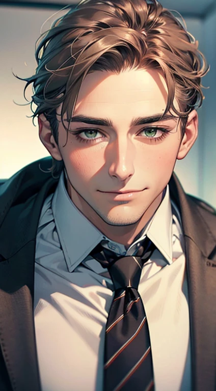 (Highest quality,4K,8K,High resolution,masterpiece:1.2),Super detailed,(Realistic,photoRealistic,photo-Realistic:1.37),1 person,34 years old,Mature Men,Beautiful skin、very handsome,Expressionless smile in love,Short gray brown hair,green eyes,Sharp Eyes,A perfect face without a doubt,Businessman, CEO, Office Background,Cinema Lighting,HDR image,tie、