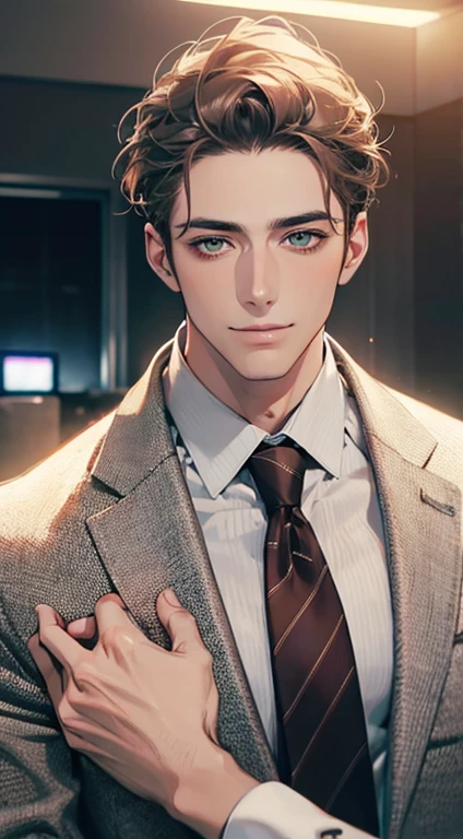 (Highest quality,4K,8K,High resolution,masterpiece:1.2),Super detailed,(Realistic,photoRealistic,photo-Realistic:1.37),1 person,34 years old,Mature Men,Beautiful skin、very handsome,Expressionless smile in love,Short gray brown hair,green eyes,Sharp Eyes,A perfect face without a doubt,Businessman, CEO, Office Background,Cinema Lighting,HDR image,tie、