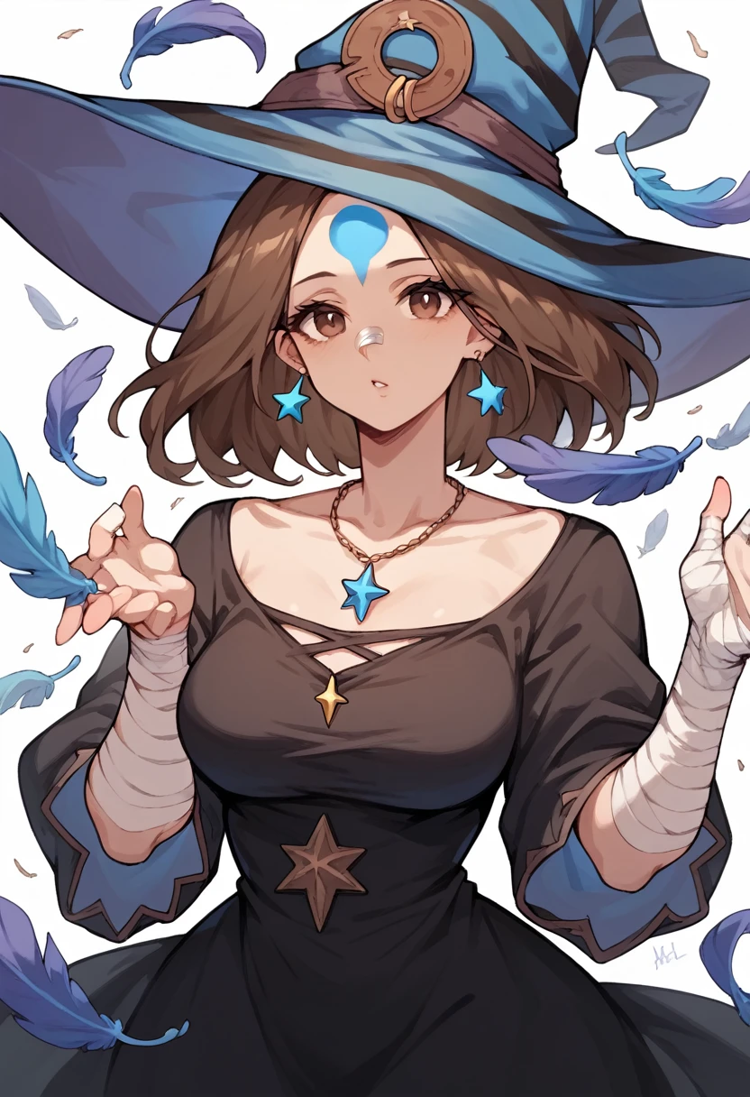 mature woman, brown hair(falling on the face), long witch hat with feathers ,brown eyes, long black dress with blue stripes ,blue star necklace, white stripe on the forehead  ,bandages on the forehead  blue ball earrig,black stripe ,rpg style