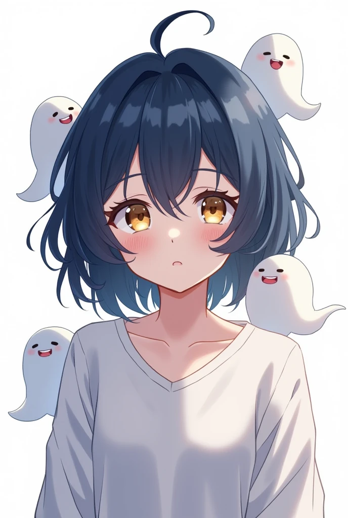 Bluish dark navy hair with medium-long loose perm、Small eyes with hooded lids and a yellowish-brown color.、The character has a youthful face with a short middle face, and small ghosts are clinging to their entire body.、The background is white, anime style, about 25 years old、Standing picture on the front