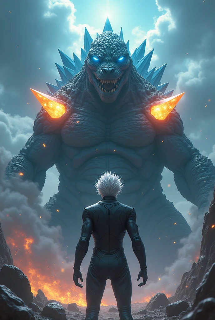 Satoru Gojo(Jujutsu Kaisen) contra spacegodzilla with 2 huge crystals that shine in an orange tone on his shoulders