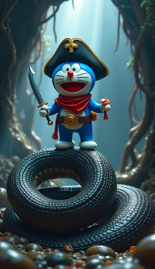 An image of Captain Doraemon wearing a pirate costume . Doraemon defeats the giant snake in the cave, standing on the giant snake..sharp 4k 3d images