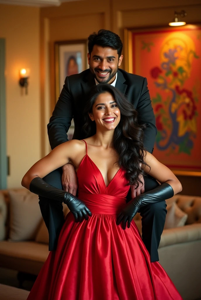 Create a realistic photograph of a smiling and beautiful indian actress in red satin carrying a large stout man on her shoulders in a room, man is sitting on top of her shoulders , man on top, woman at bottom , woman is wearing black gloves 