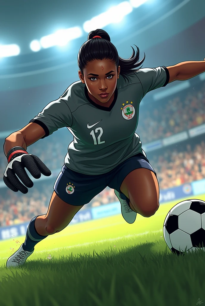 Illustration of a goalkeeper named SAMILLY, a brown-skinned woman, slickedback hair, tall and black with a gray shirt number 12 and black pants and gloves falling