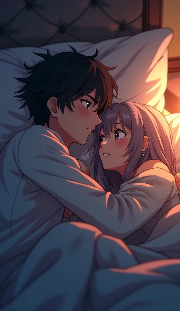 "Create a romantic image of a 21 year old anime boy and a girl lying under a blanket on a bed. The boy holds the girl closely, with a seductive smile, while the girl gazes at him with a shameful expression, alluring expression. The background should be softly lit with a sultry, night-time ambiance. Capture the intimacy and passion of the moment, reflecting the line 'You must be tired, because you've been running through my dirty thoughts all night.'"