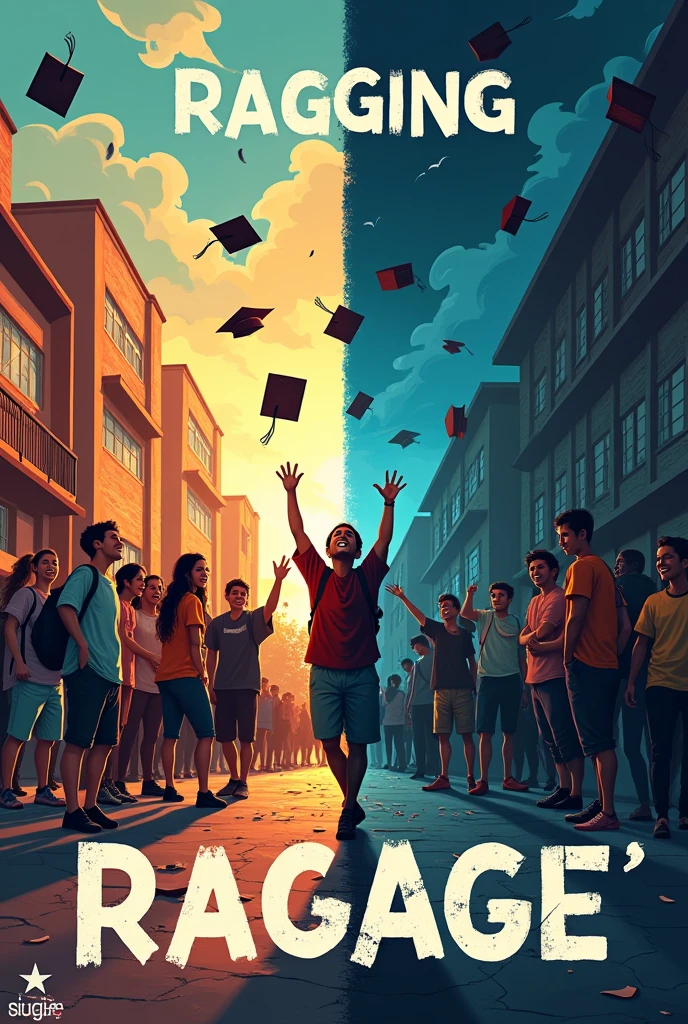 Create a poster depicting two sides of ragging showing its positives and negatives 