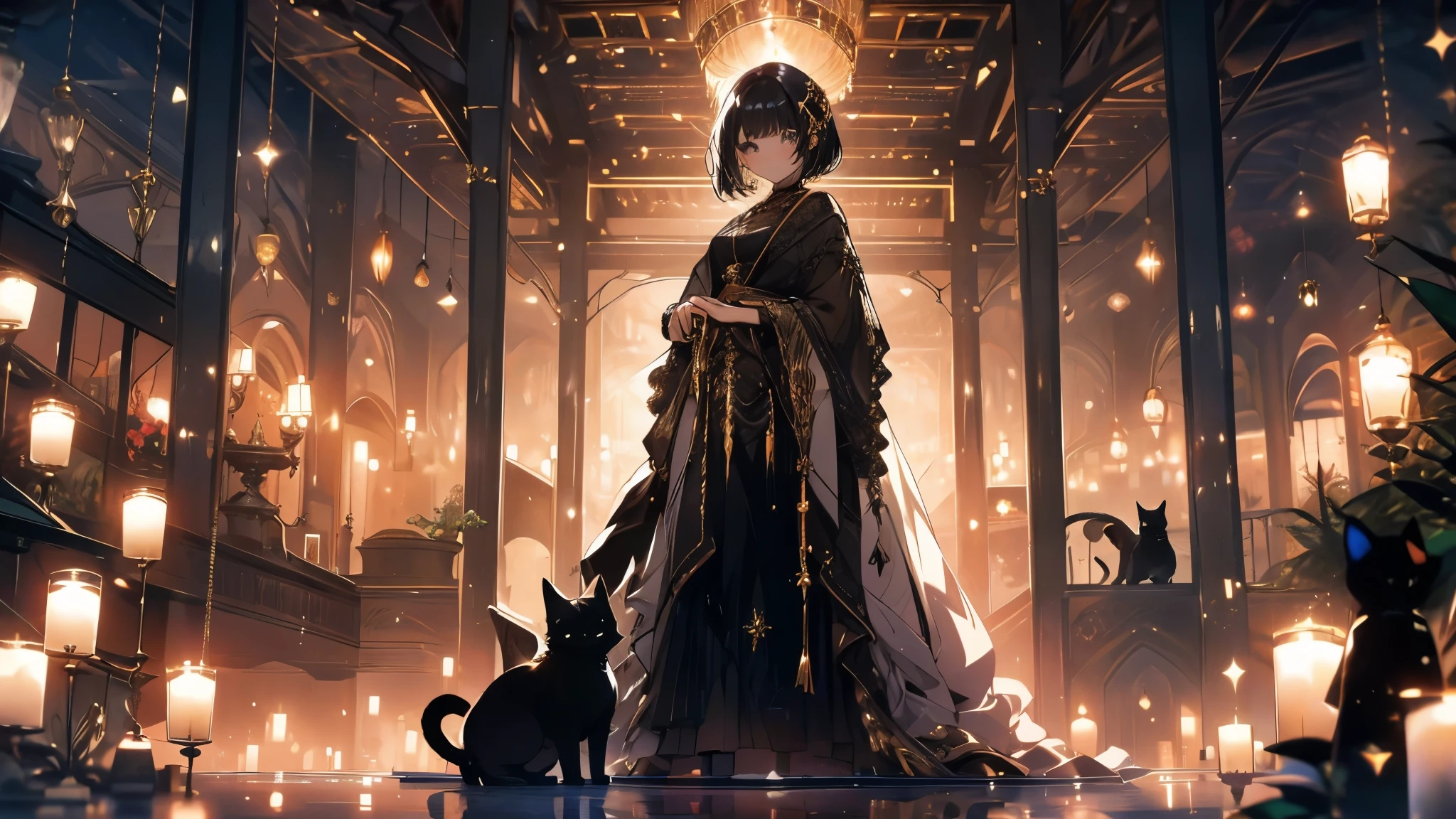 A woman is playing the violin.The woman has short black hair and is wearing a gold dress..The girl is playing in the hall.A black cat is watching the girl play at her feet.