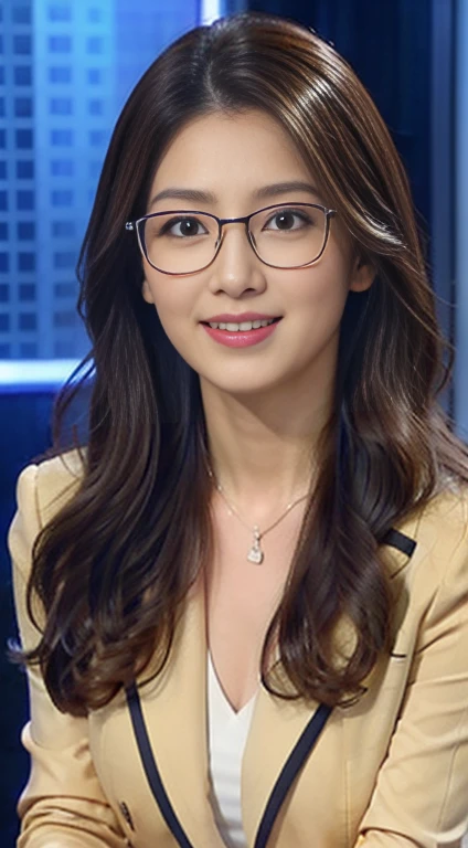 best image quality、Super high resolution、1 girl、beautiful face、long hair､Announcer in a tight suit with long sleeves、Sitting in the studio、big and full breasts, cleavange, glasses