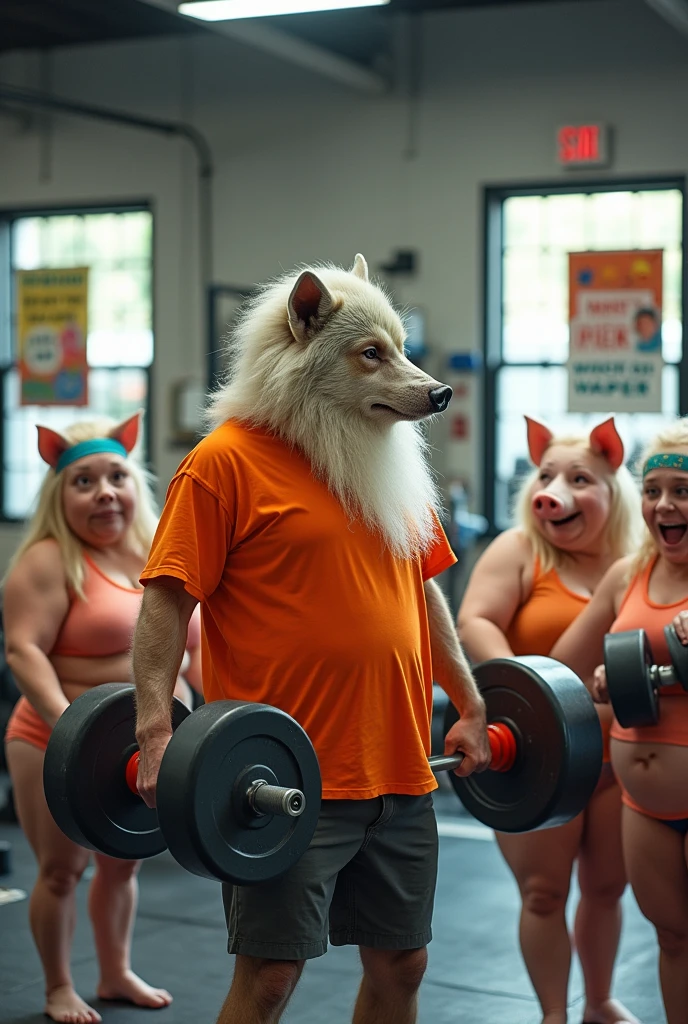A skinny, old wolf with a white beard and an orange shirt at a gym training three fat female pigs.
