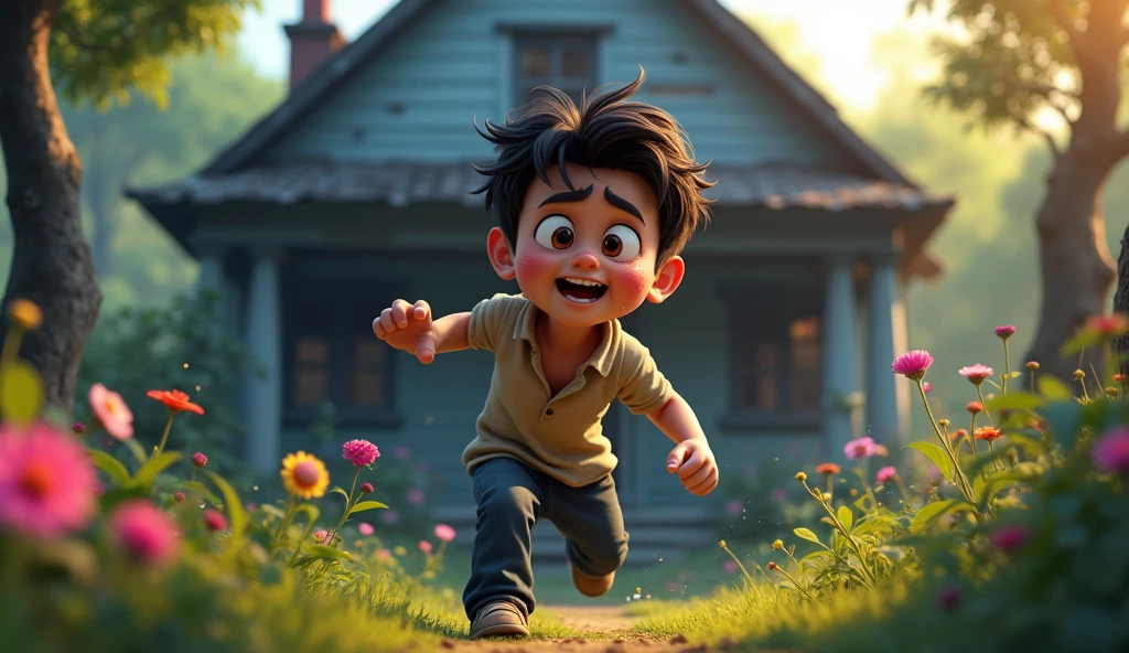 Dimas manages to escape the old house. He stands in the front yard, panting and drenched in cold sweat,
( animasi, cartoon, light effect, lighting is smooth, in 3d animation )