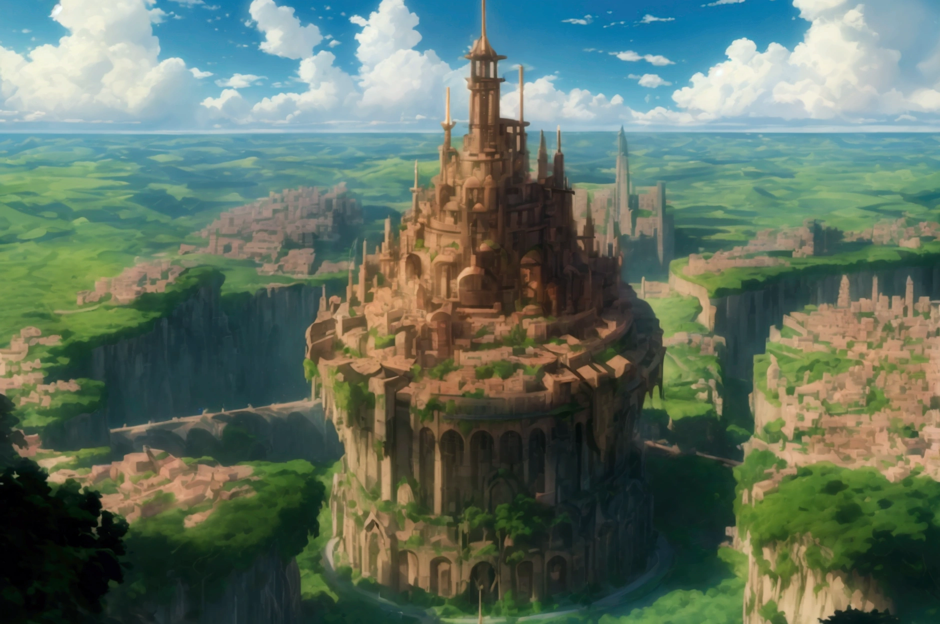 (32k, 8k, high graphics, high resolution, high details) huge and circular fantasy city, large walls, angle seen from the sky, extraordinarily tall tower, green plains around the city, unique and very beautiful location