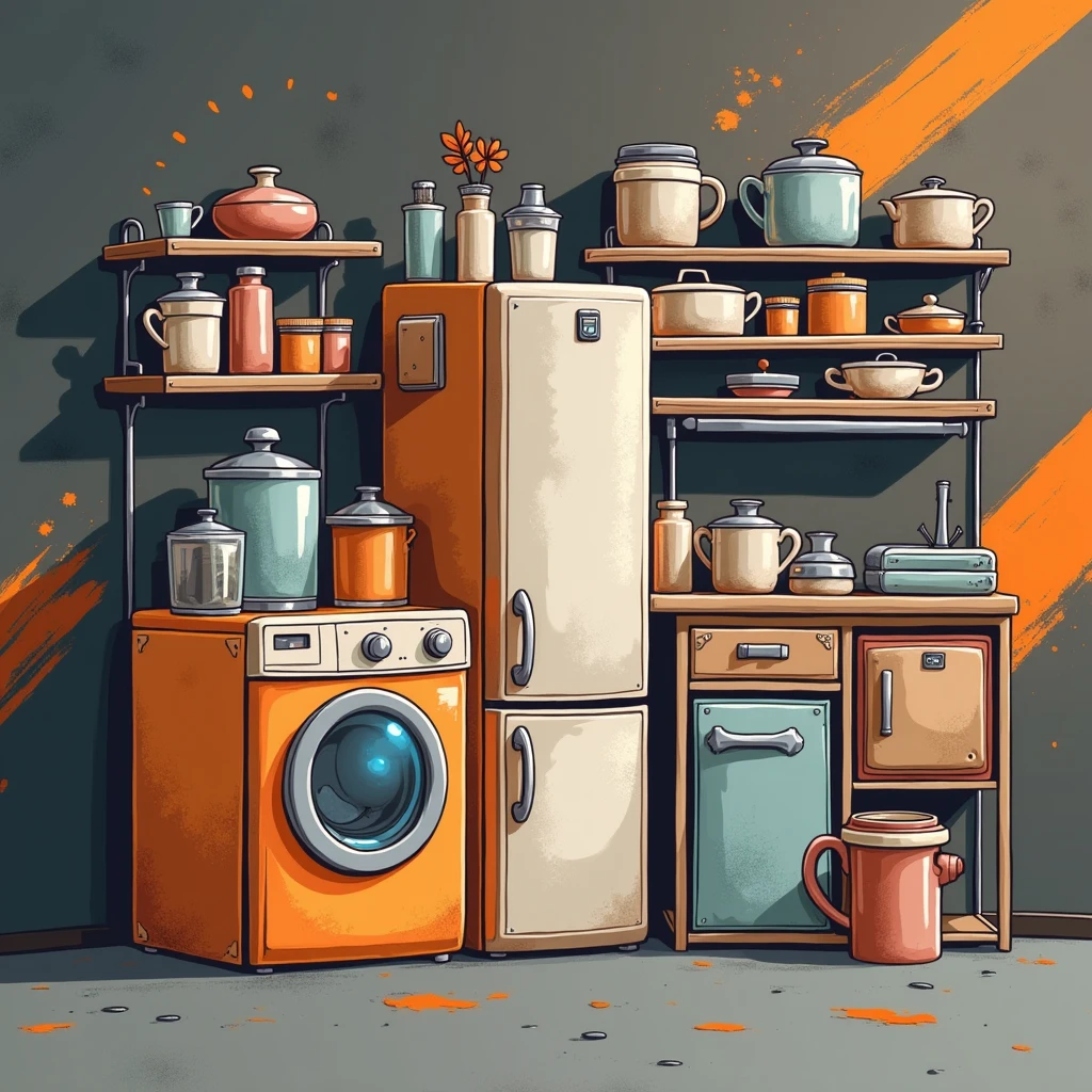 appliances, regale, display case, orange lines, black and gray background, industrial, banner horizontal, cartoonized, paint flecks, blue symbol in "in" image elements