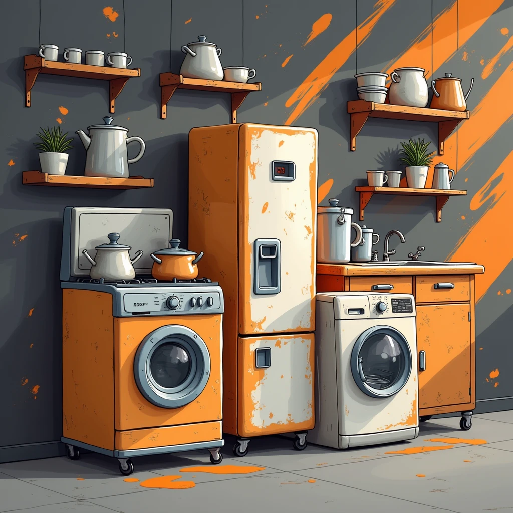 appliances, regale, display case, orange lines, black and gray background, industrial, banner horizontal, cartoonized, paint flecks, blue symbol in "in" image elements