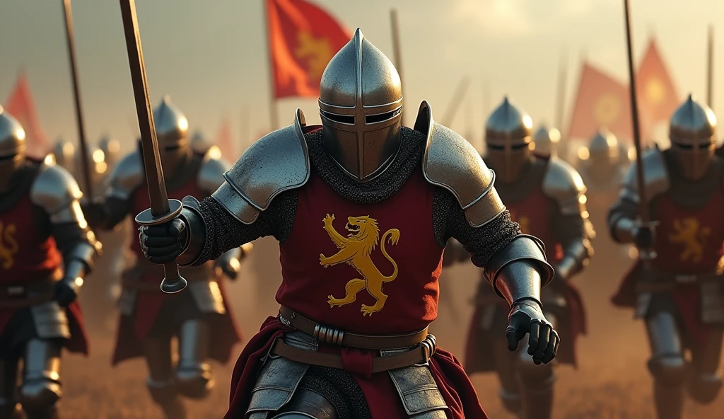 A highly realistic, high-contrast, 8K HD, detailed, hyper-detailed image of medieval knights charging into battle on the battlefield, swords in hand. The knights, clad in steel armor with lion emblems on their tunics and helmets fully covering their faces, are in full motion as they rush forward with their swords raised, ready to engage the enemy. Their armor glints in the light as they lead the charge, their focus entirely on the battle ahead. The atmosphere is intense and dynamic, capturing the raw energy and courage of the knights as they surge towards the enemy. The image is of the highest quality, with ultra-high resolution, RAW photo quality, and Unreal Engine rendering, showcasing the knights' relentless drive as they charge into the fray, with the lion emblem prominently displayed on their armor.