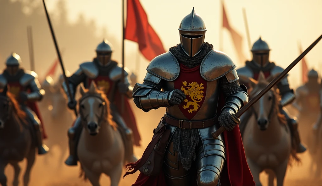 A highly realistic, high-contrast, 8K HD, detailed, hyper-detailed image of medieval knights charging into battle on the battlefield, swords in hand. The knights, clad in steel armor with lion emblems on their tunics and helmets fully covering their faces, are in full motion as they rush forward with their swords raised, ready to engage the enemy. Their armor glints in the light as they lead the charge, their focus entirely on the battle ahead. The atmosphere is intense and dynamic, capturing the raw energy and courage of the knights as they surge towards the enemy. The image is of the highest quality, with ultra-high resolution, RAW photo quality, and Unreal Engine rendering, showcasing the knights' relentless drive as they charge into the fray, with the lion emblem prominently displayed on their armor.