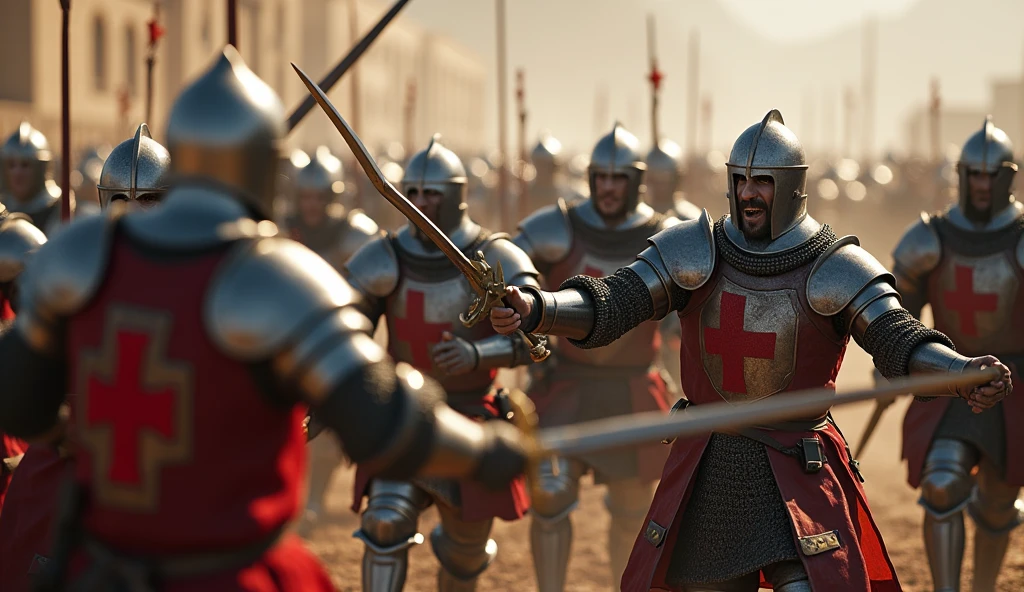 A highly realistic, high-contrast, 8K HD, detailed, hyper-detailed image of Crusader knights from the provided image, fully engaged in battle, calling out to each other as they fight side by side. The knights, clad in steel armor with red crosses on their tunics and helmets fully covering their faces, coordinate their attacks with shouts and commands, their swords swinging with powerful strikes. The scene captures the intense camaraderie and teamwork as they support one another in the heat of battle. The battlefield around them is chaotic, with the ground marked by subtle traces of blood, emphasizing the ongoing conflict. The image is of the highest quality, with ultra-high resolution, RAW photo quality, and Unreal Engine rendering, showcasing the knights' unity and determination as they fight together, relying on each other’s strength and resolve.