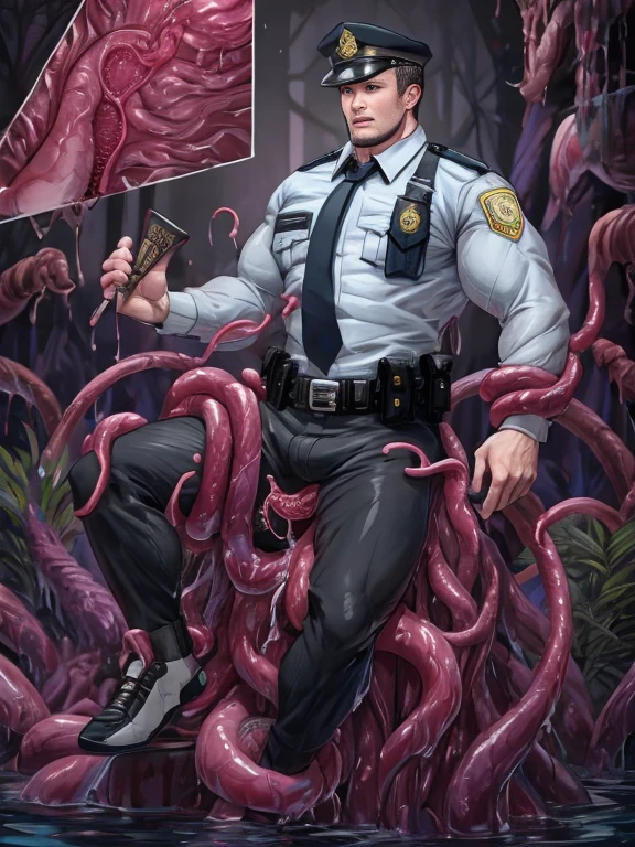 The muscular and strong police officer is dressed in a neat and straight uniform, wearing a regulation police cap with the police emblem on it, with regular epaulets, Tentacle entanglement, uniform, Binding hands togethe, Foreign object invasion, monster breeding, wet, slime, tentacles, slimy tentacles, monster and human breeding, Tentacles penetrate deep into clothes, Wearing pants completely, Complete wearing of trousers, Complete wearing of trousers, Do not expose the reproductive organs