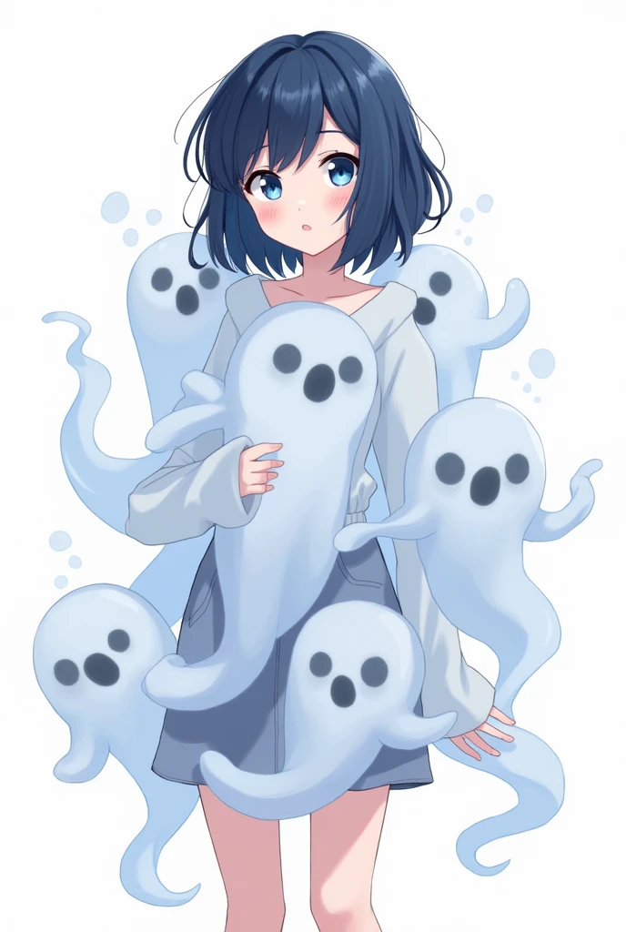 Bluish dark navy hair with medium-long loose perm、Small, narrow, almond-shaped eyes with a slight droop.、The character has a youthful face with a short middle face, and small ghosts are clinging to their entire body.、The background is white, anime style, about 25 years old、Standing picture on the front