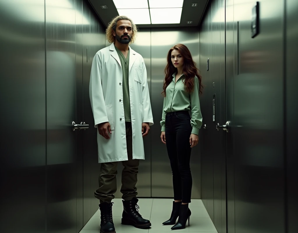 A very tall (216 cm) Arab man with platinum blond wavy swept-back hair, dark skin, and long black stubble. He wears a white lab coat, black t-shirt, cargo pants, and boots. He's standing inside an elevator next to a short (170 cm) young Caucasian woman with maroon side-parted long wavy hair, wearing a soft green silk blouse, low-rise black pants, and black boots. Both look forward with a wary expression. Cinematic lighting.